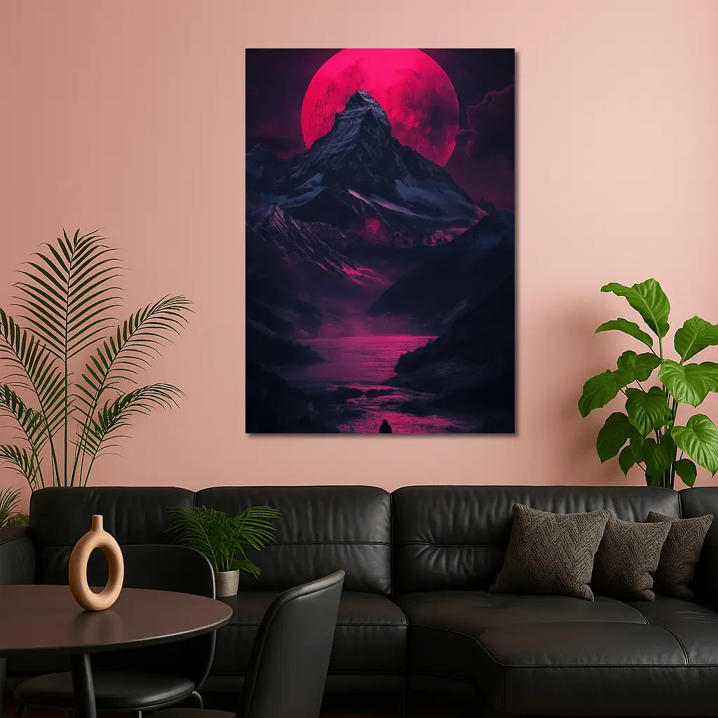 Lone Figure Red Moon Dark Mountain Landscape – Wall Art