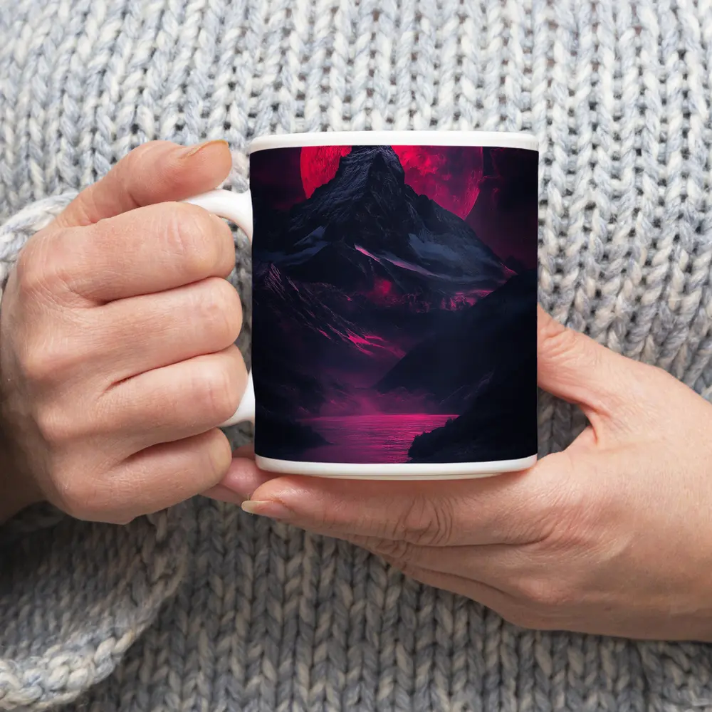 Lone Figure Red Moon Dark Mountain Landscape – Mugs