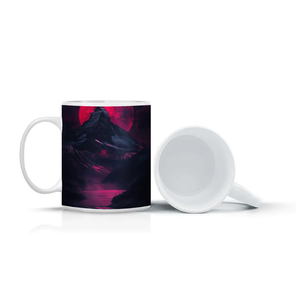Lone Figure Red Moon Dark Mountain Landscape – Mugs
