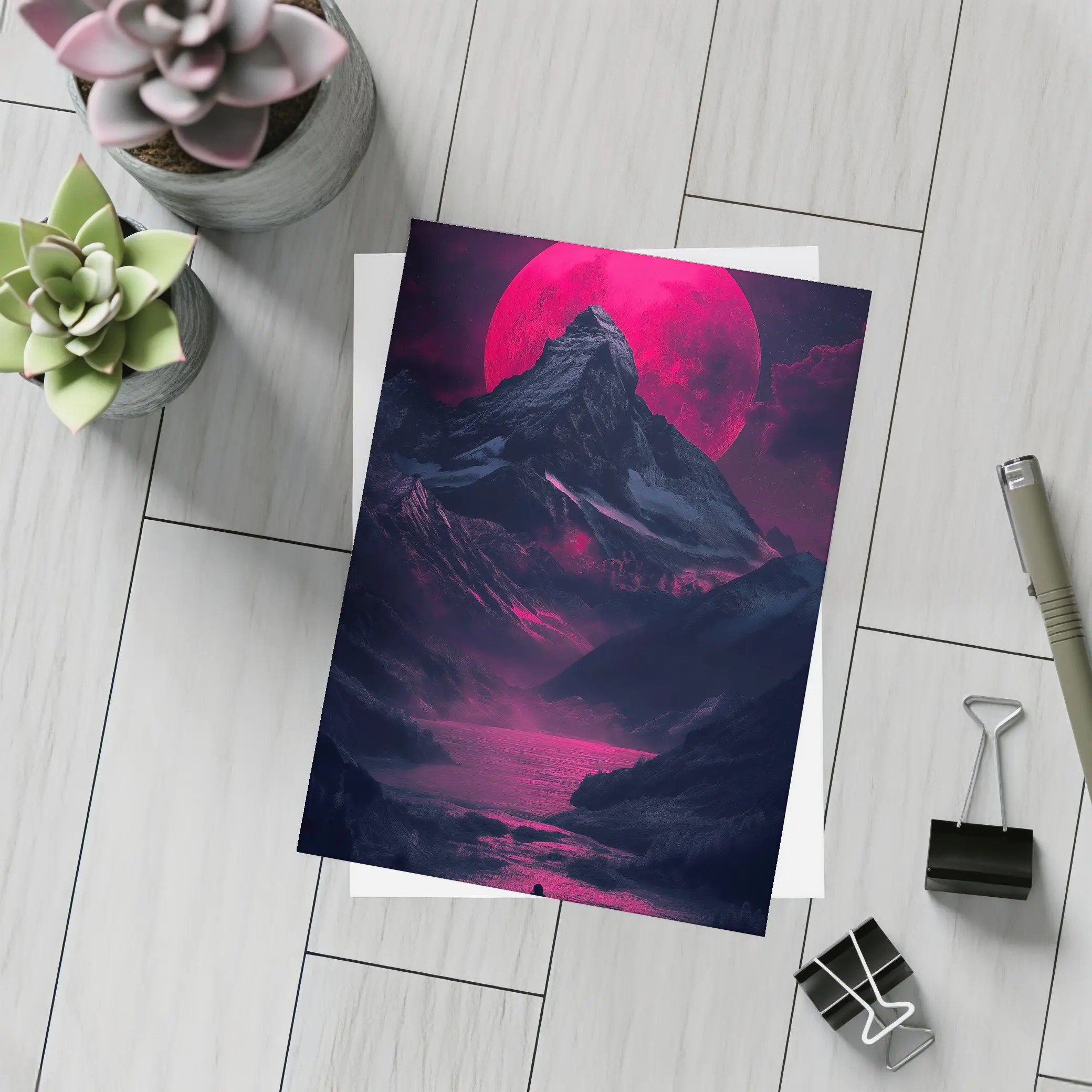 Lone Figure Red Moon Dark Mountain Landscape – Postcards