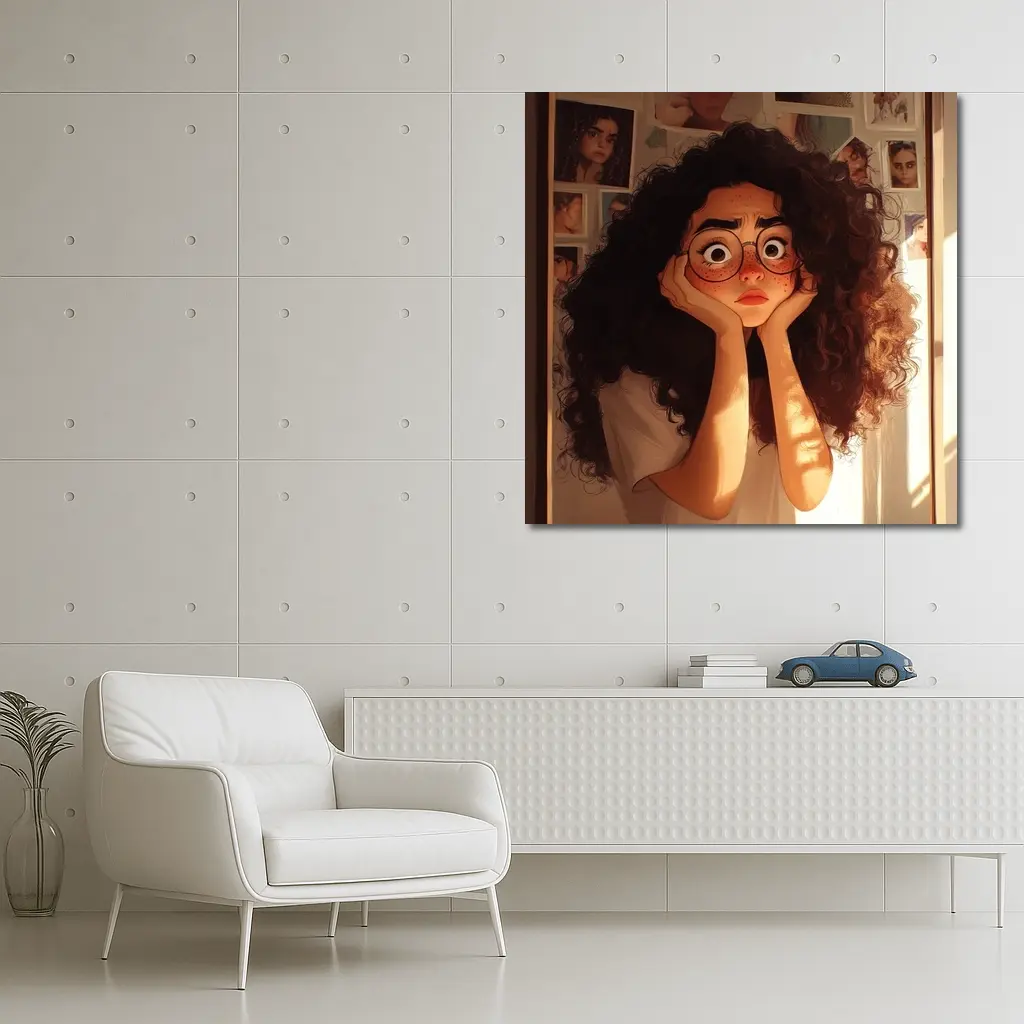 Worried Curly Girl Cartoon Illustration Warm Room – Wall Art