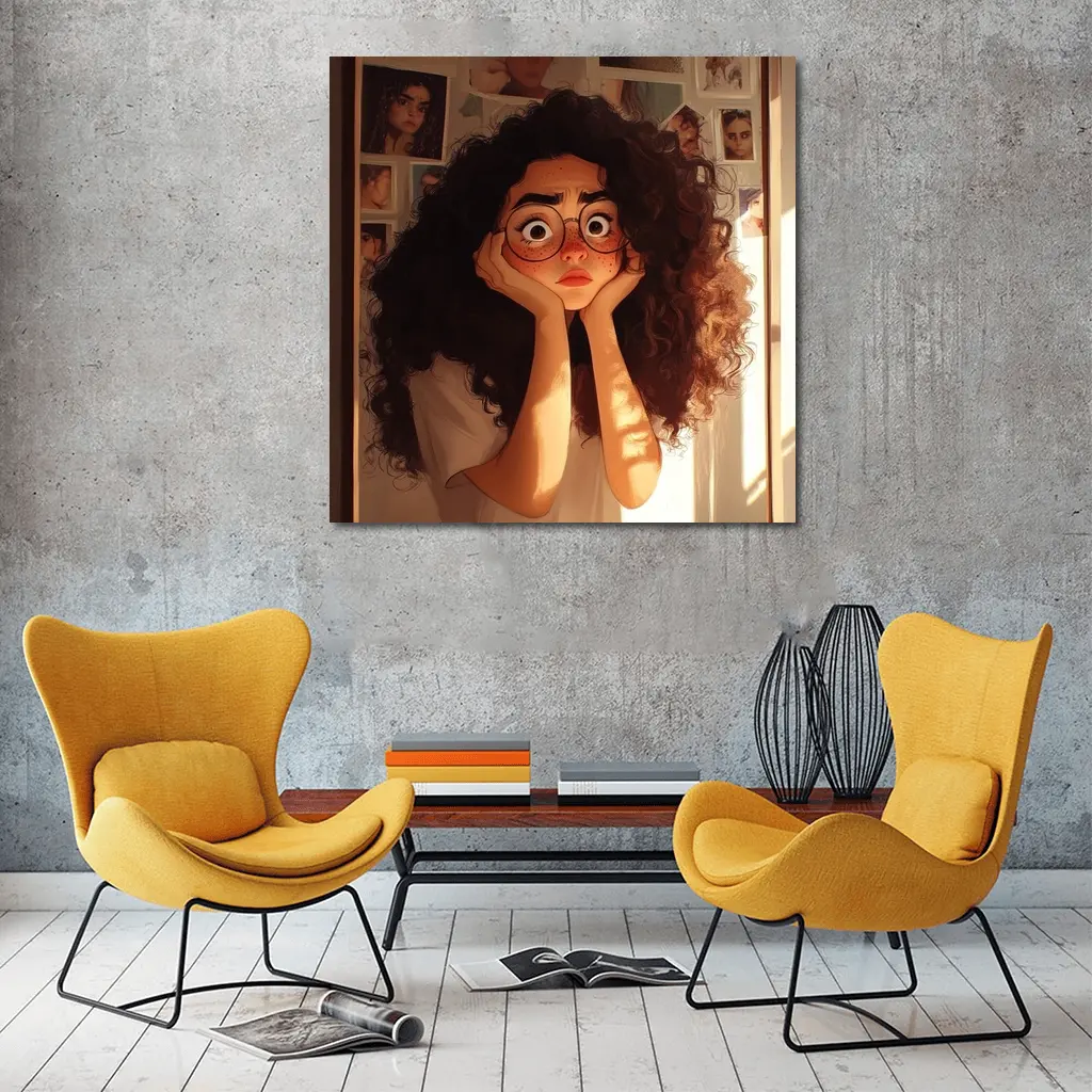 Worried Curly Girl Cartoon Illustration Warm Room – Wall Art