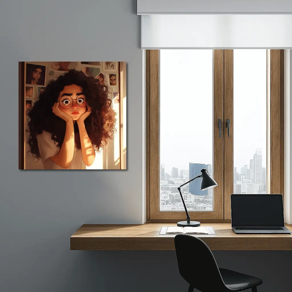 Worried Curly Girl Cartoon Illustration Warm Room – Wall Art