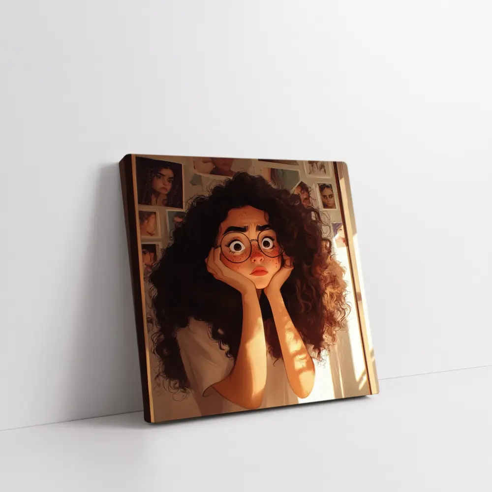 Worried Curly Girl Cartoon Illustration Warm Room – Wall Art