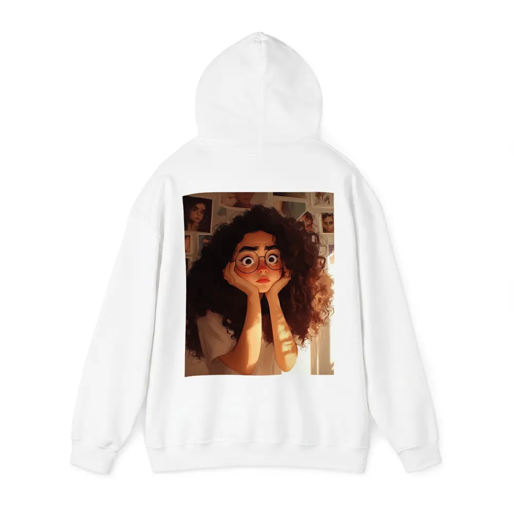 Worried Curly Girl Cartoon Illustration Warm Room – Hoodies