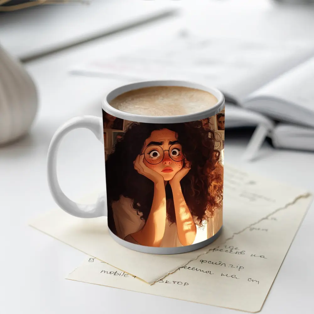 Worried Curly Girl Cartoon Illustration Warm Room – Mugs