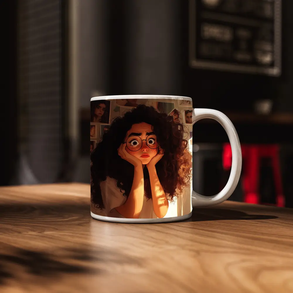 Worried Curly Girl Cartoon Illustration Warm Room – Mugs