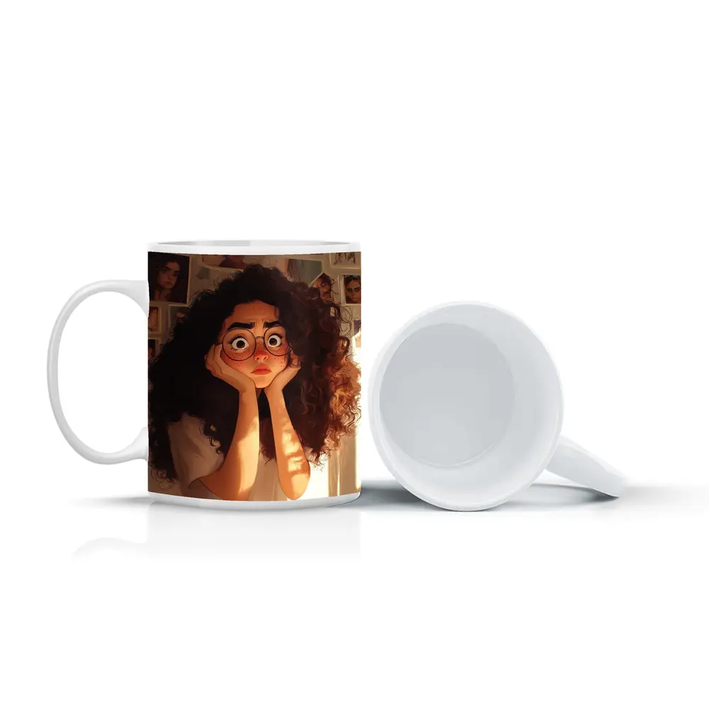 Worried Curly Girl Cartoon Illustration Warm Room – Mugs