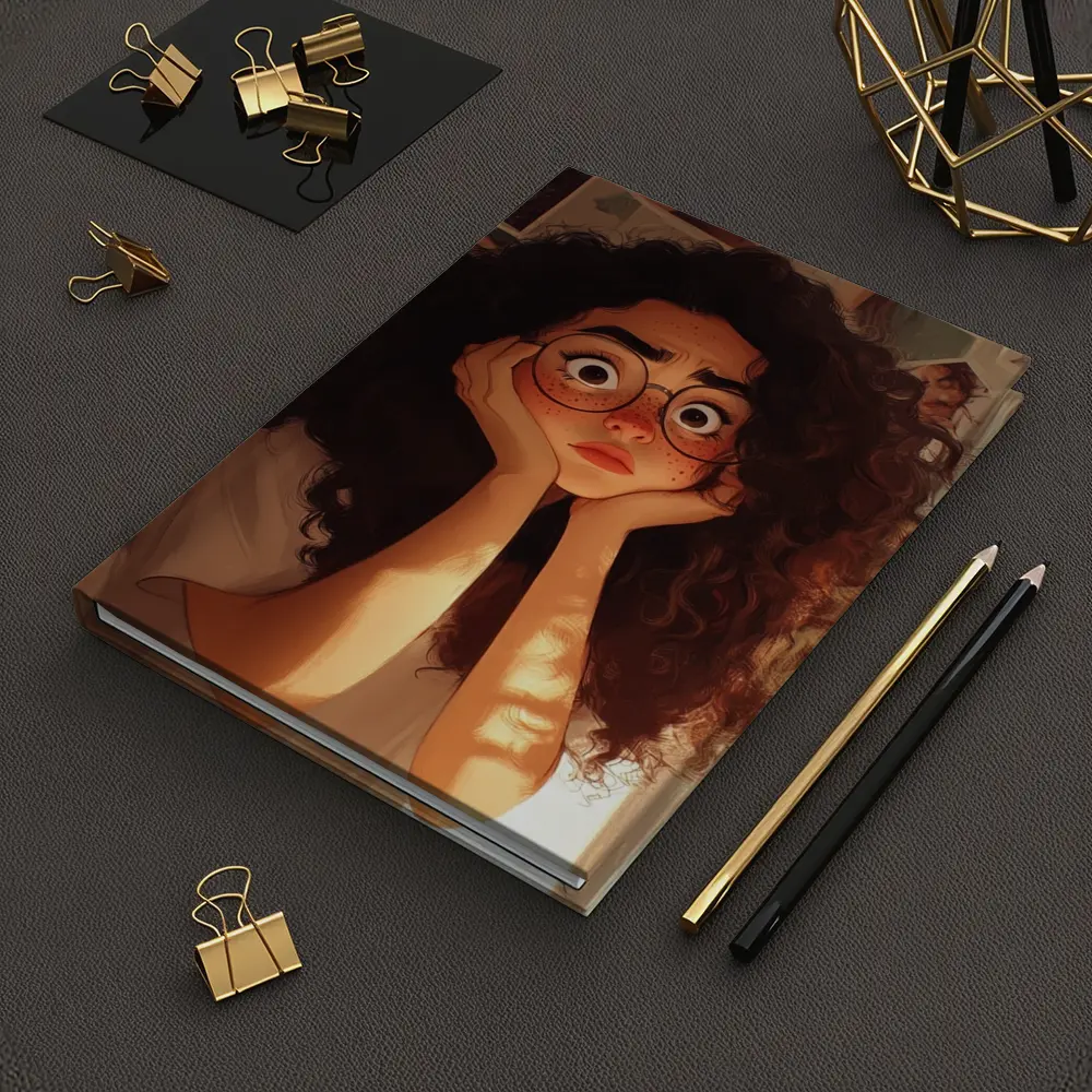 Worried Curly Girl Cartoon Illustration Warm Room – Notebooks