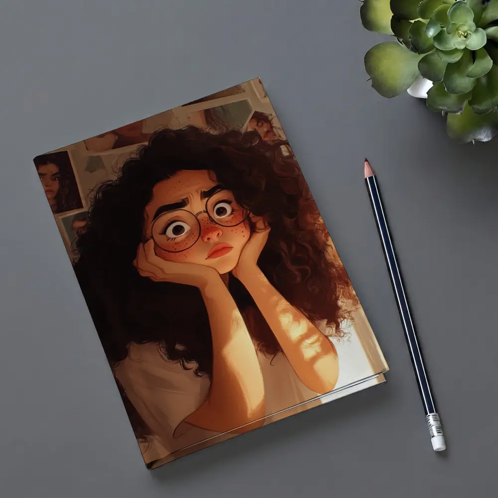 Worried Curly Girl Cartoon Illustration Warm Room – Notebooks