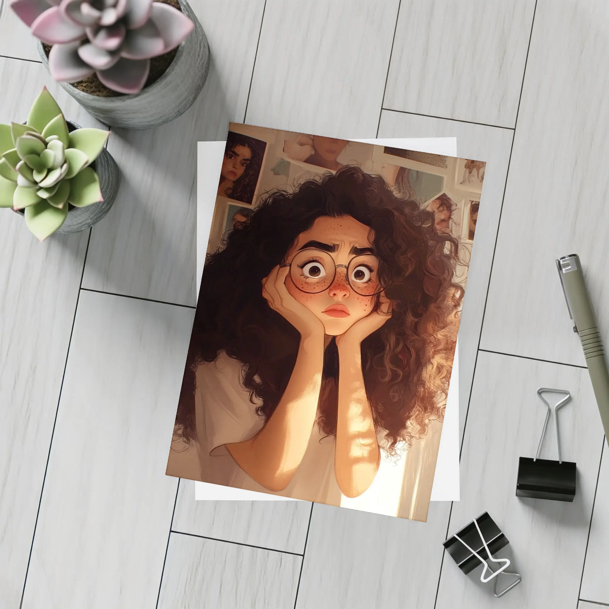 Worried Curly Girl Cartoon Illustration Warm Room – Postcards