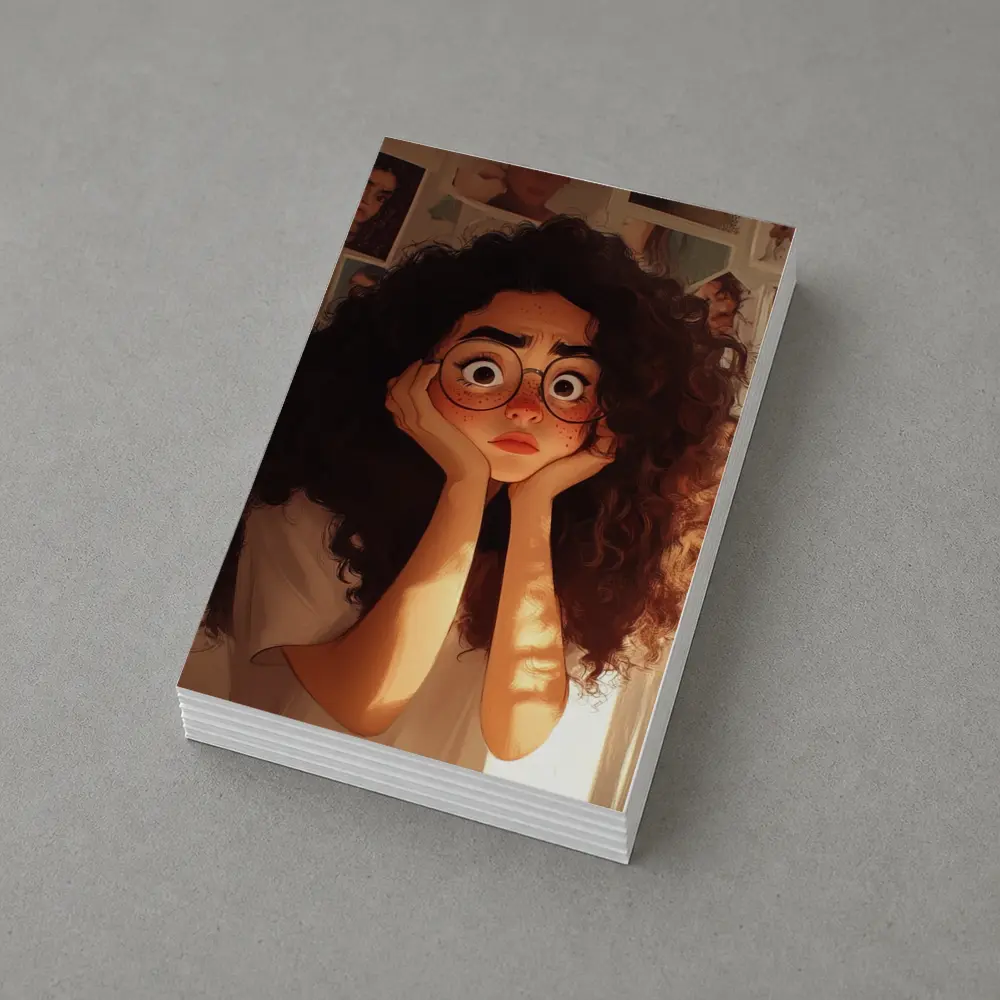 Worried Curly Girl Cartoon Illustration Warm Room – Postcards