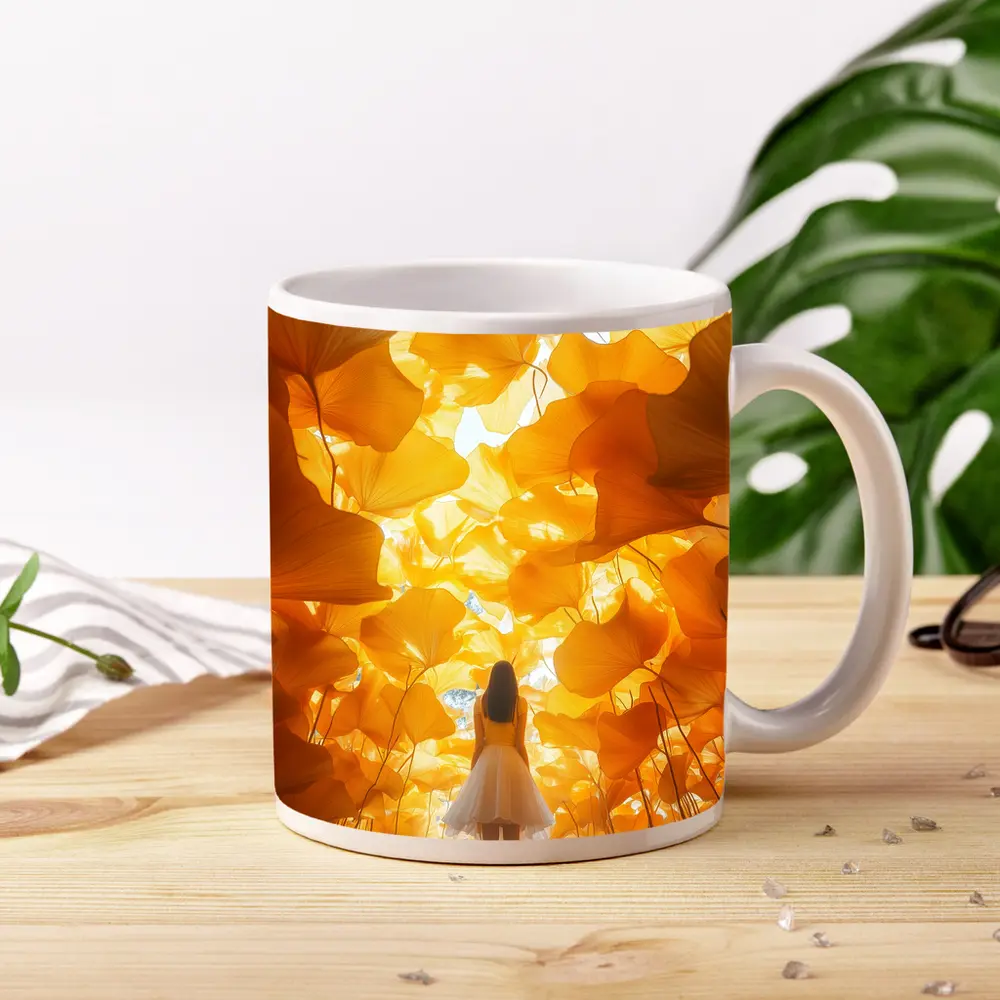 Girl Standing Among Golden Ginkgo Leaves – Mugs