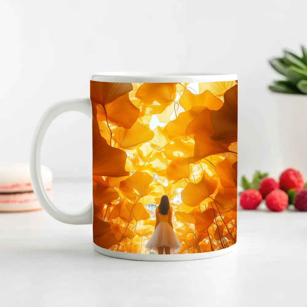 Girl Standing Among Golden Ginkgo Leaves – Mugs