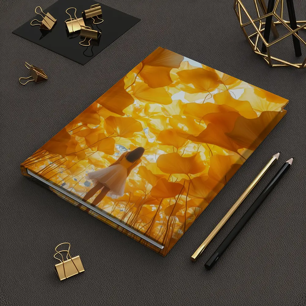 Girl Standing Among Golden Ginkgo Leaves – Notebooks