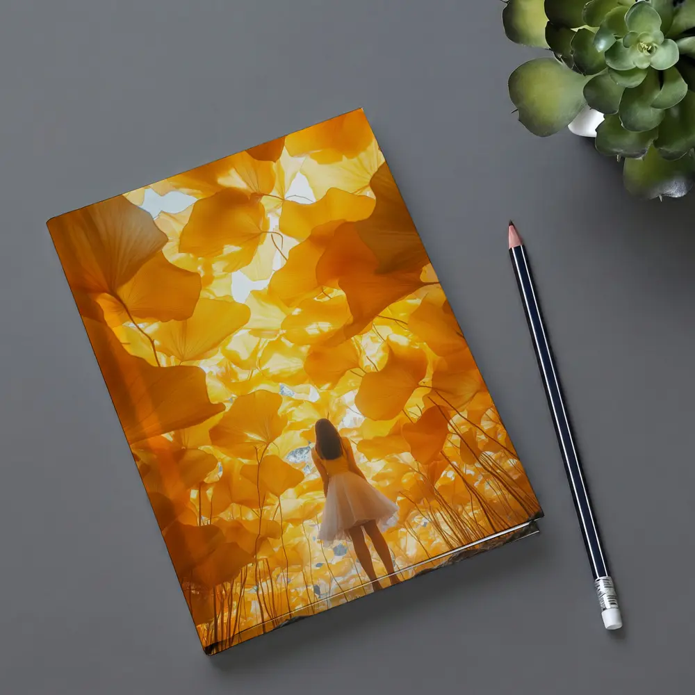 Girl Standing Among Golden Ginkgo Leaves – Notebooks