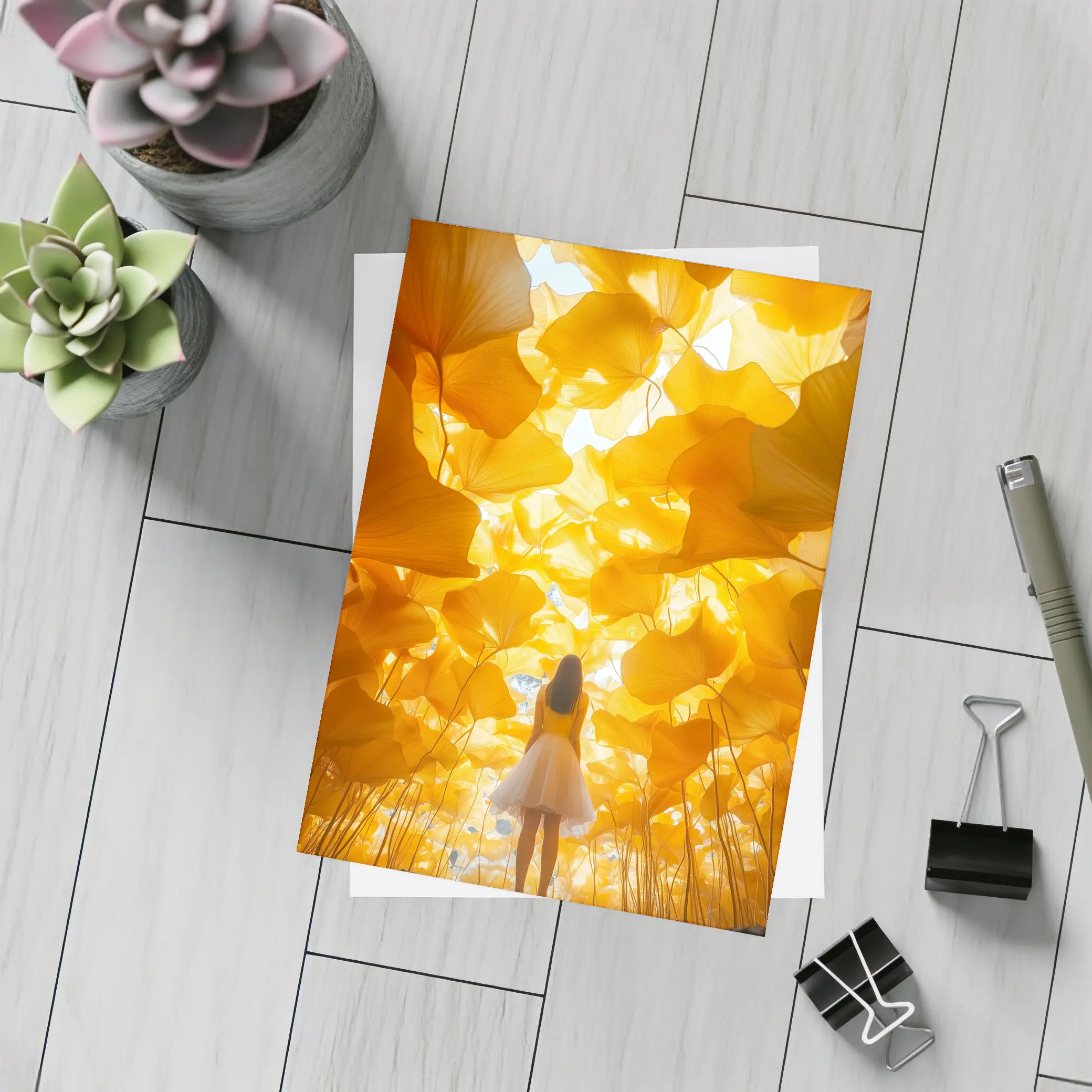 Girl Standing Among Golden Ginkgo Leaves – Postcards