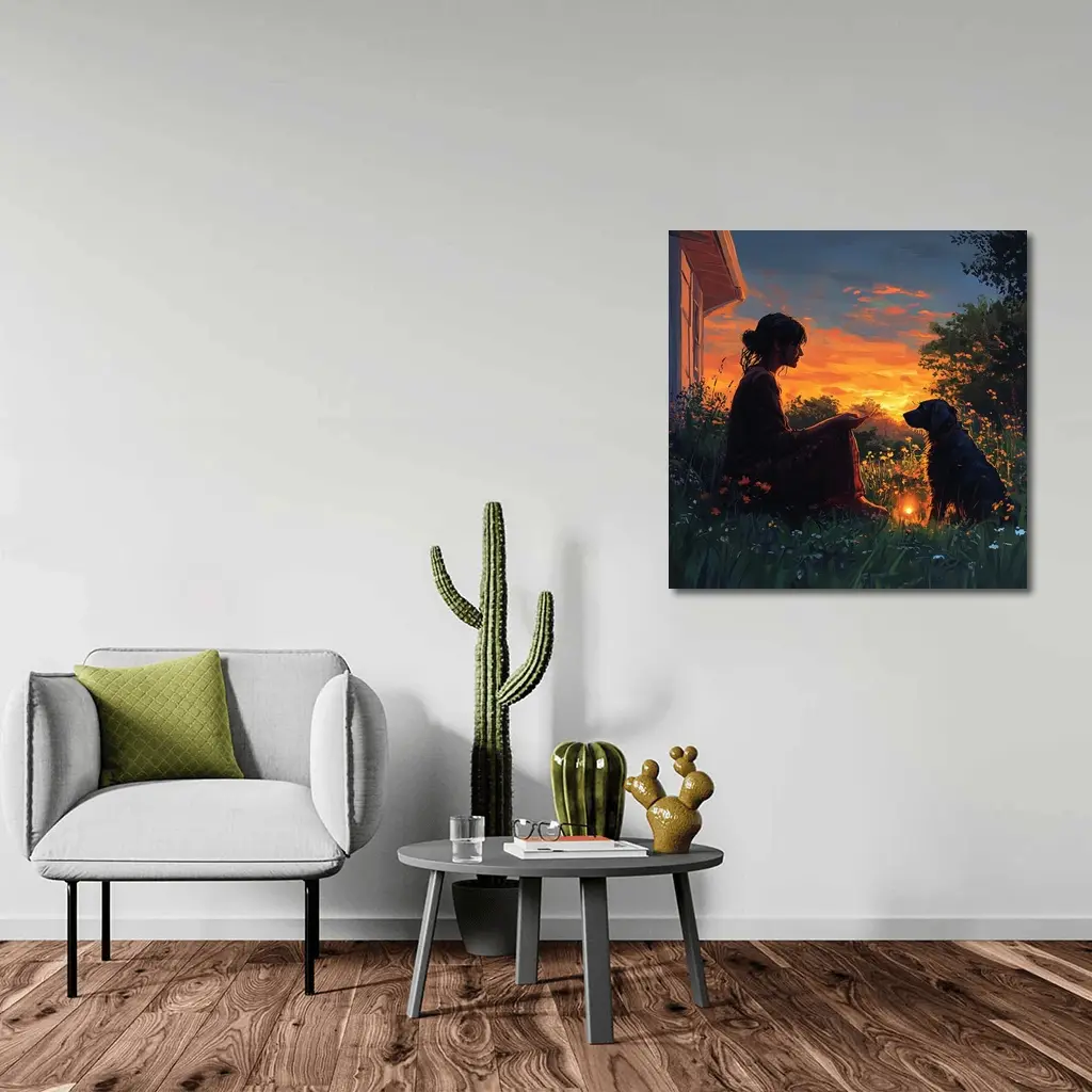Woman and Dog at Fiery Sunset Garden – Wall Art