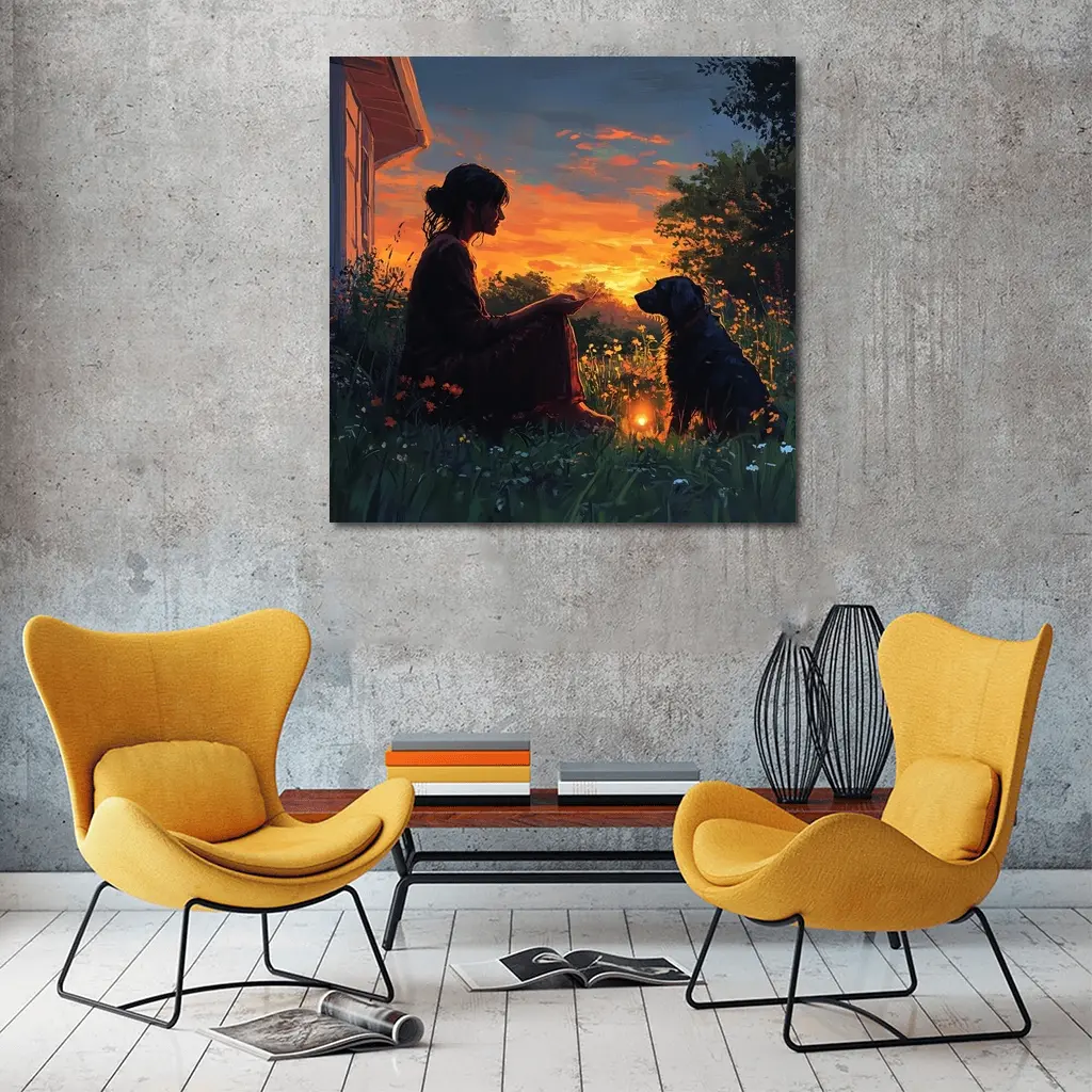Woman and Dog at Fiery Sunset Garden – Wall Art