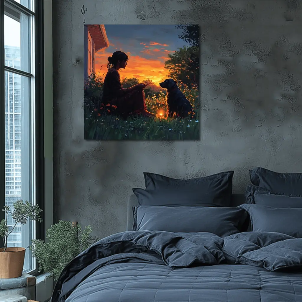 Woman and Dog at Fiery Sunset Garden – Wall Art
