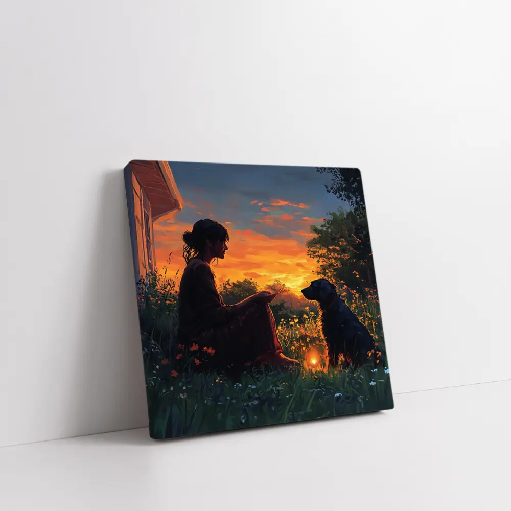 Woman and Dog at Fiery Sunset Garden – Wall Art