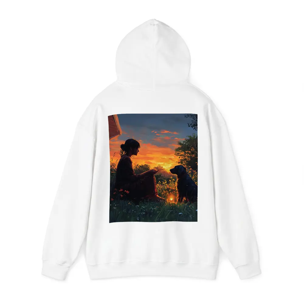 Woman and Dog at Fiery Sunset Garden – Hoodies
