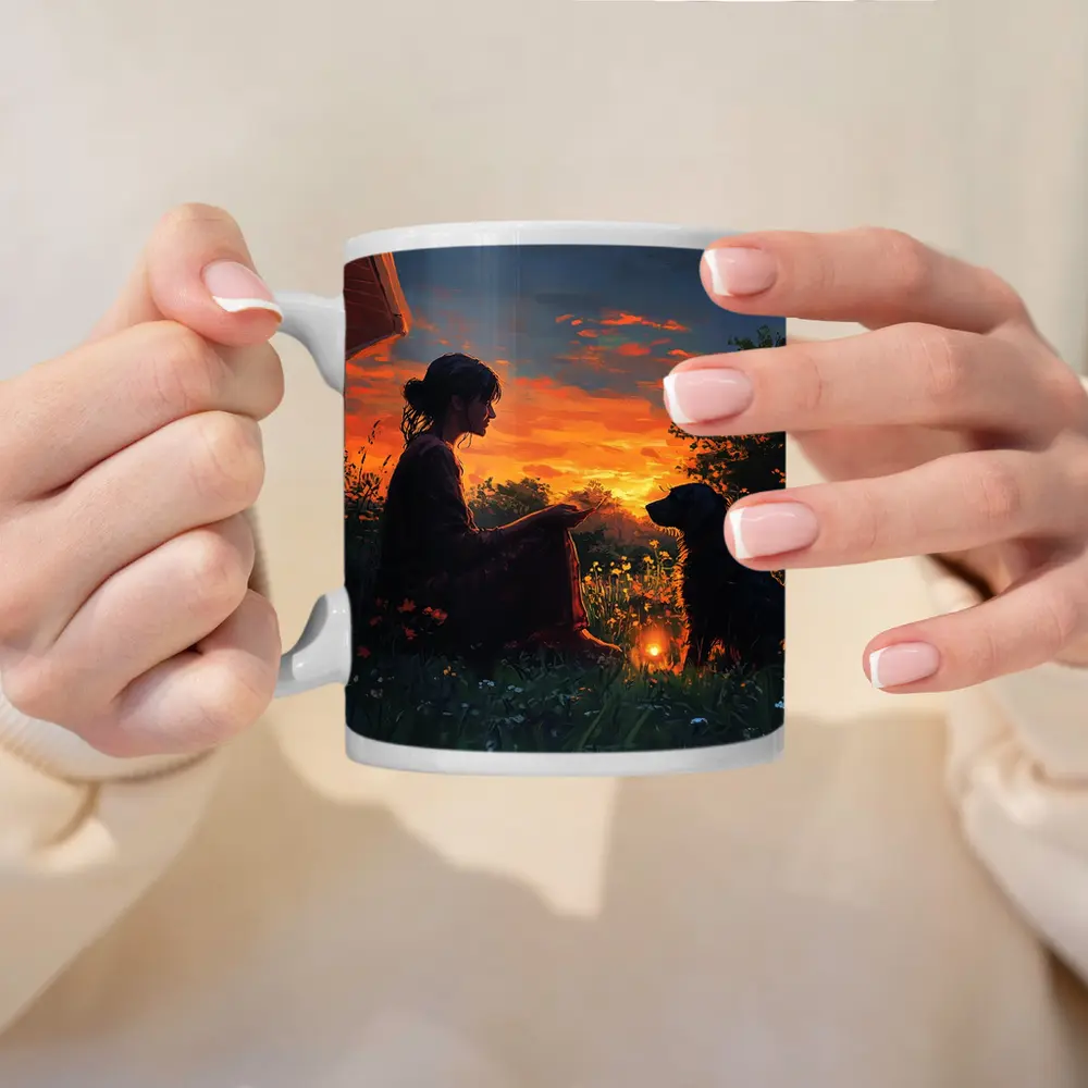 Woman and Dog at Fiery Sunset Garden – Mugs