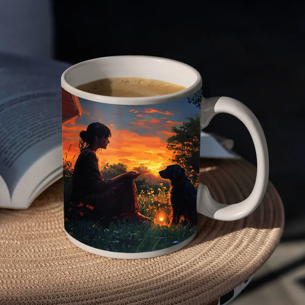 Woman and Dog at Fiery Sunset Garden – Mugs