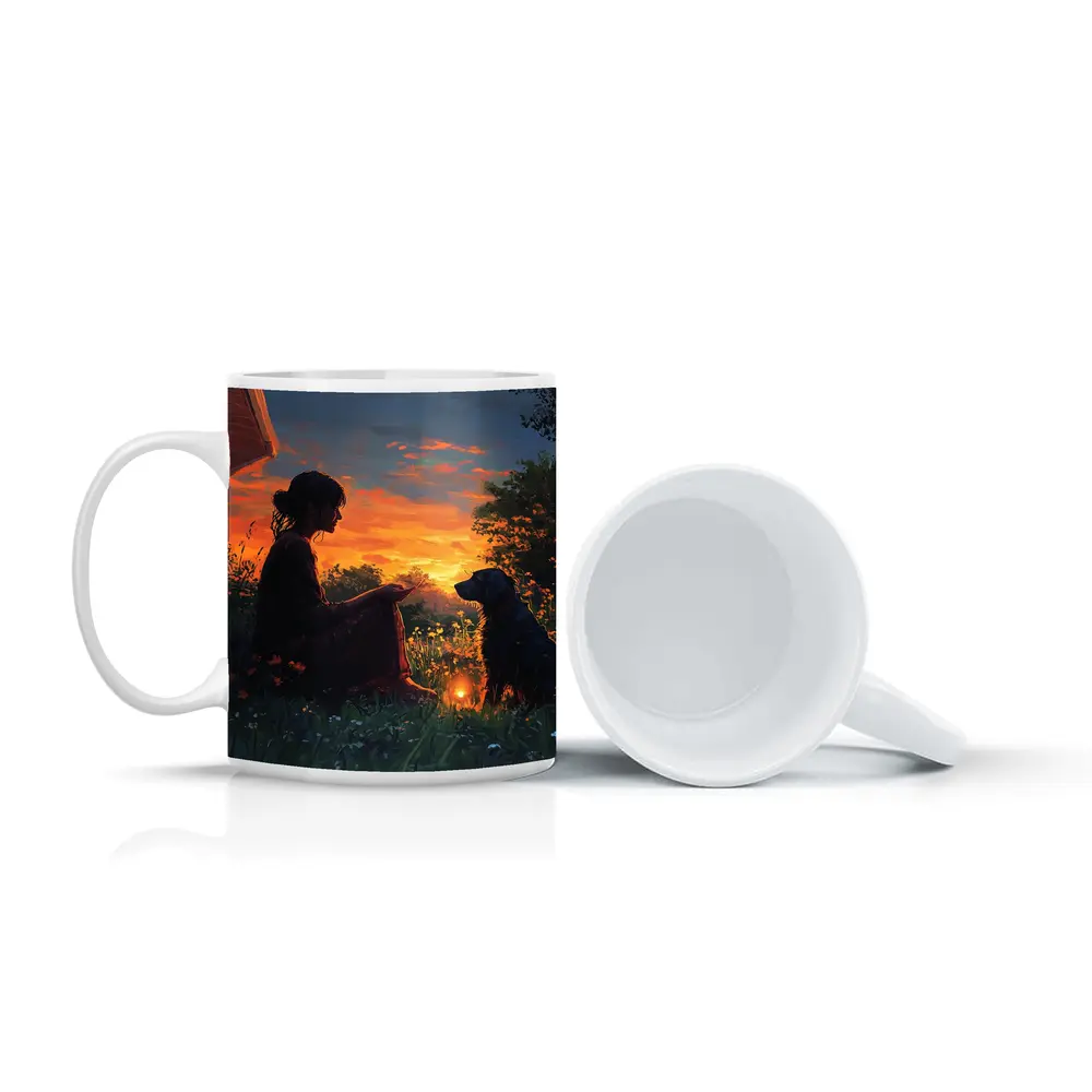 Woman and Dog at Fiery Sunset Garden – Mugs