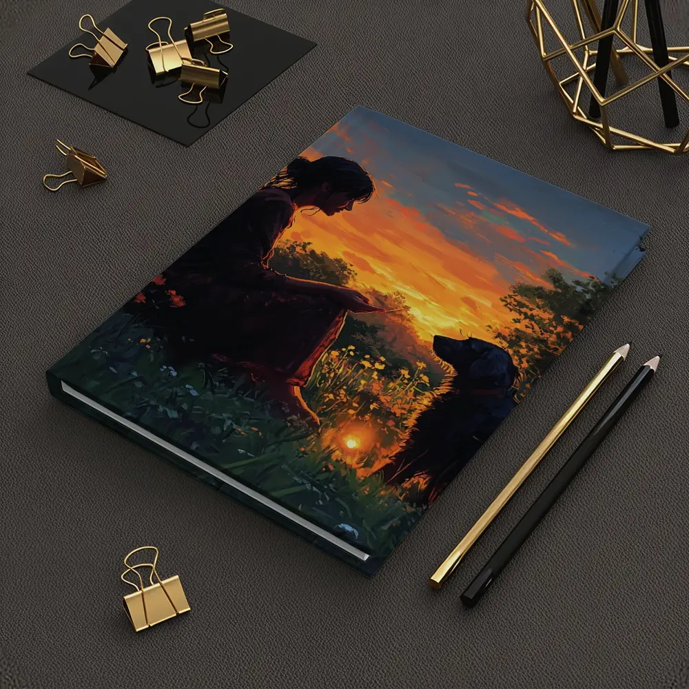 Woman and Dog at Fiery Sunset Garden – Notebooks