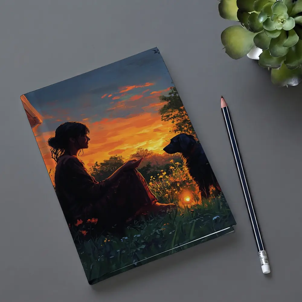 Woman and Dog at Fiery Sunset Garden – Notebooks