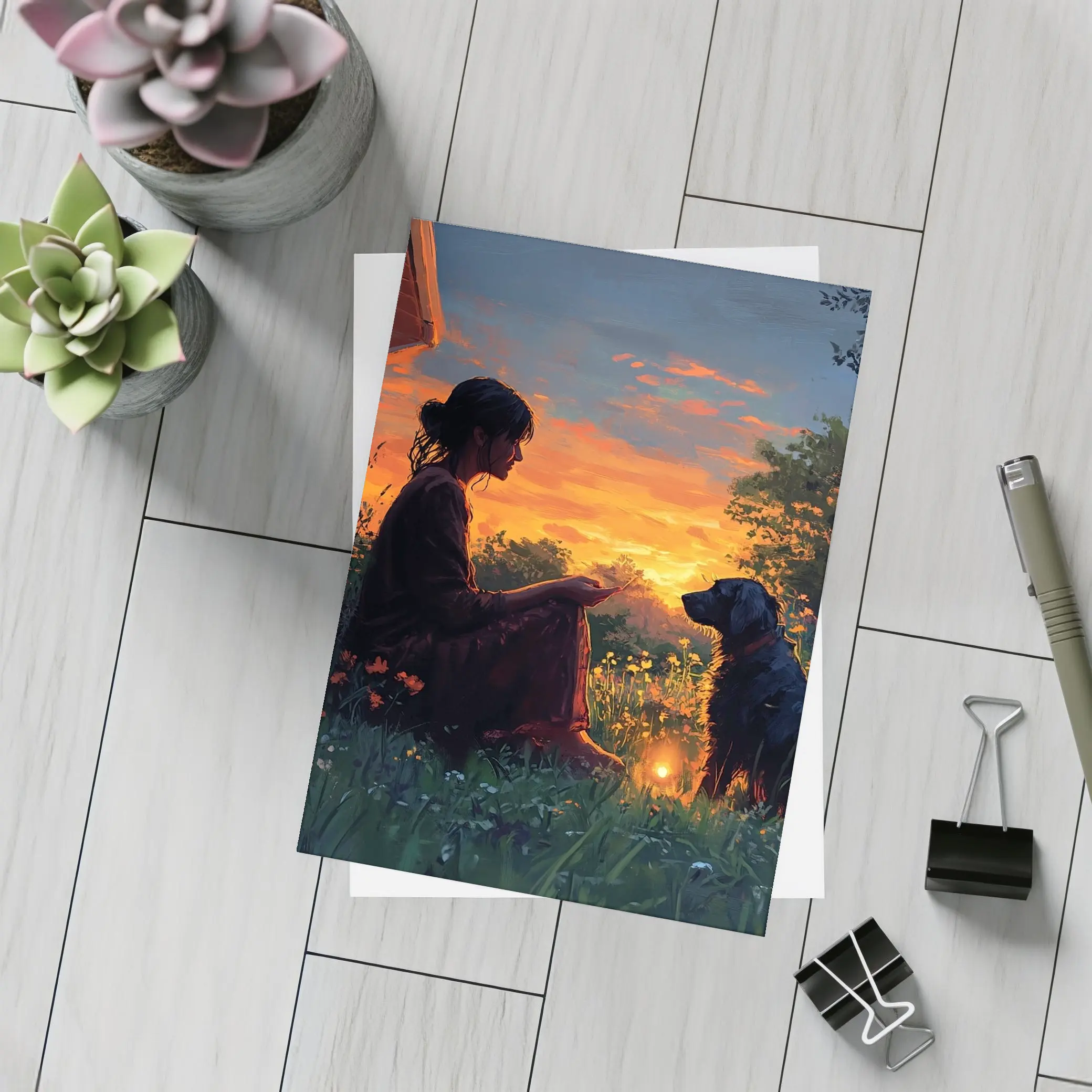 Woman and Dog at Fiery Sunset Garden – Postcards