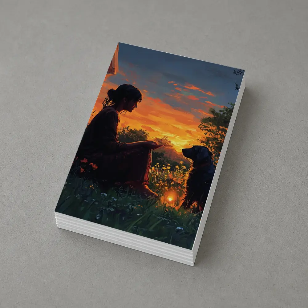 Woman and Dog at Fiery Sunset Garden – Postcards