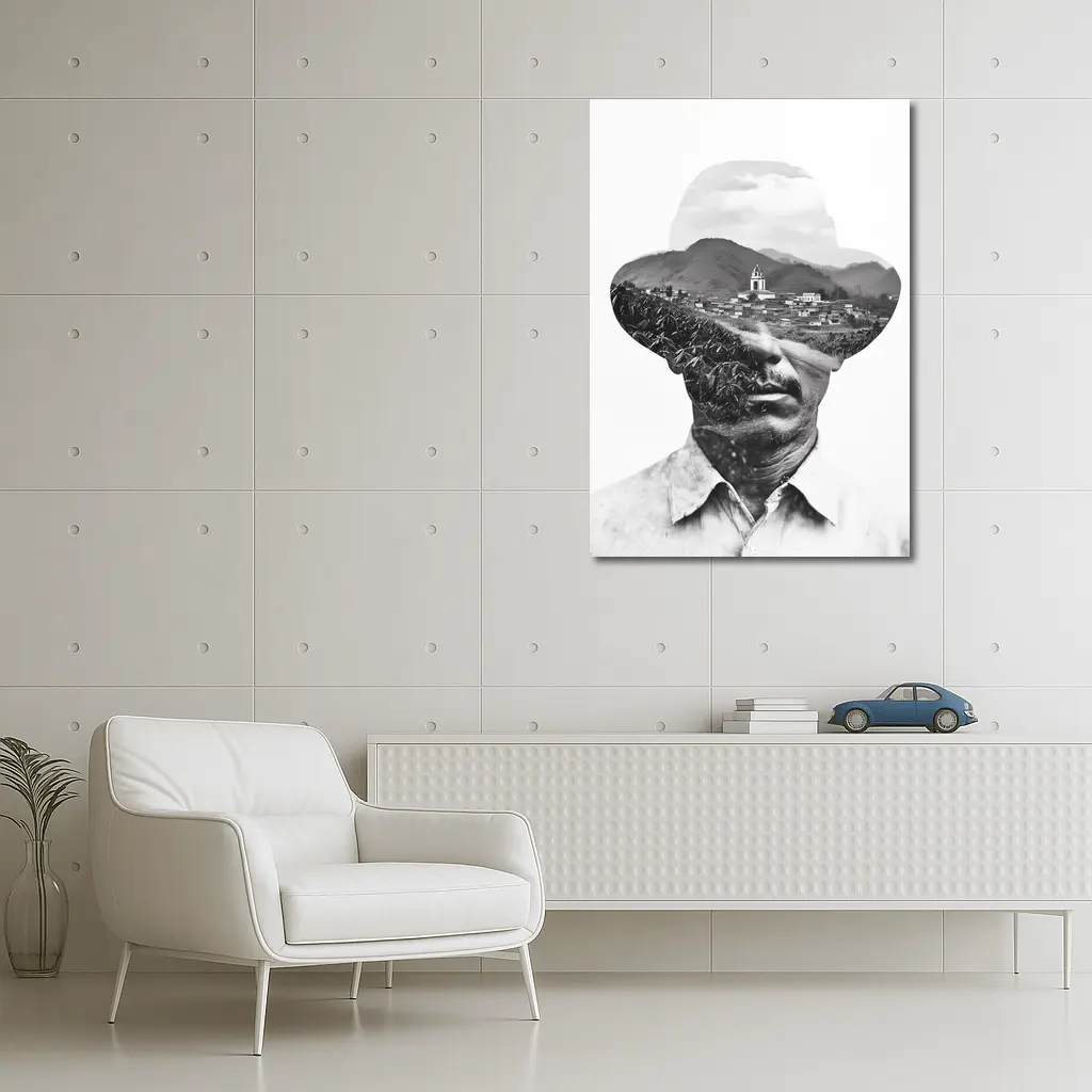 Double Exposure Man Portrait Mountain Village – Wall Art