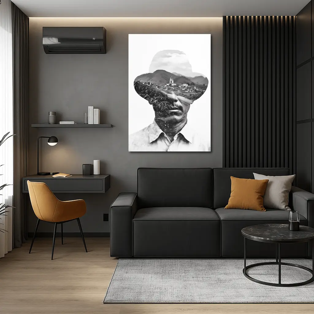 Double Exposure Man Portrait Mountain Village – Wall Art