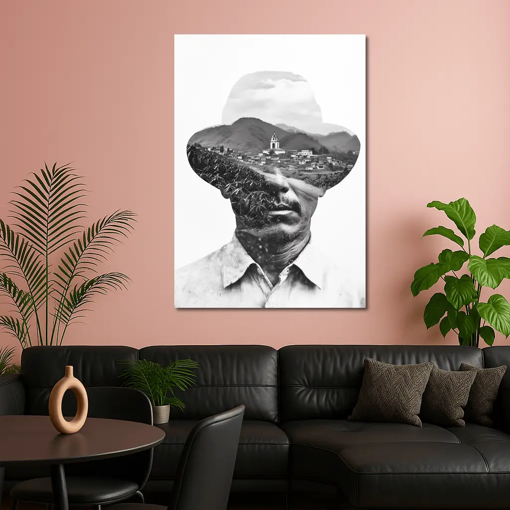 Double Exposure Man Portrait Mountain Village – Wall Art