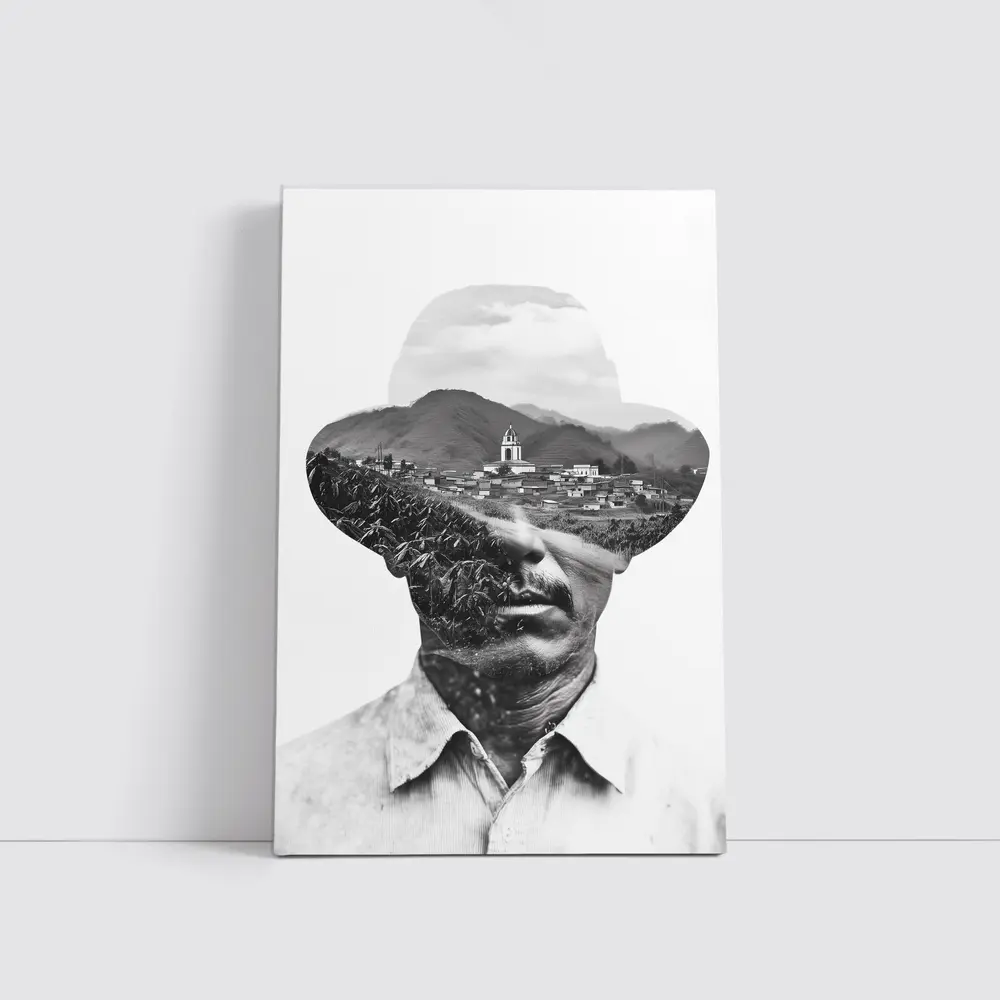 Double Exposure Man Portrait Mountain Village – Wall Art