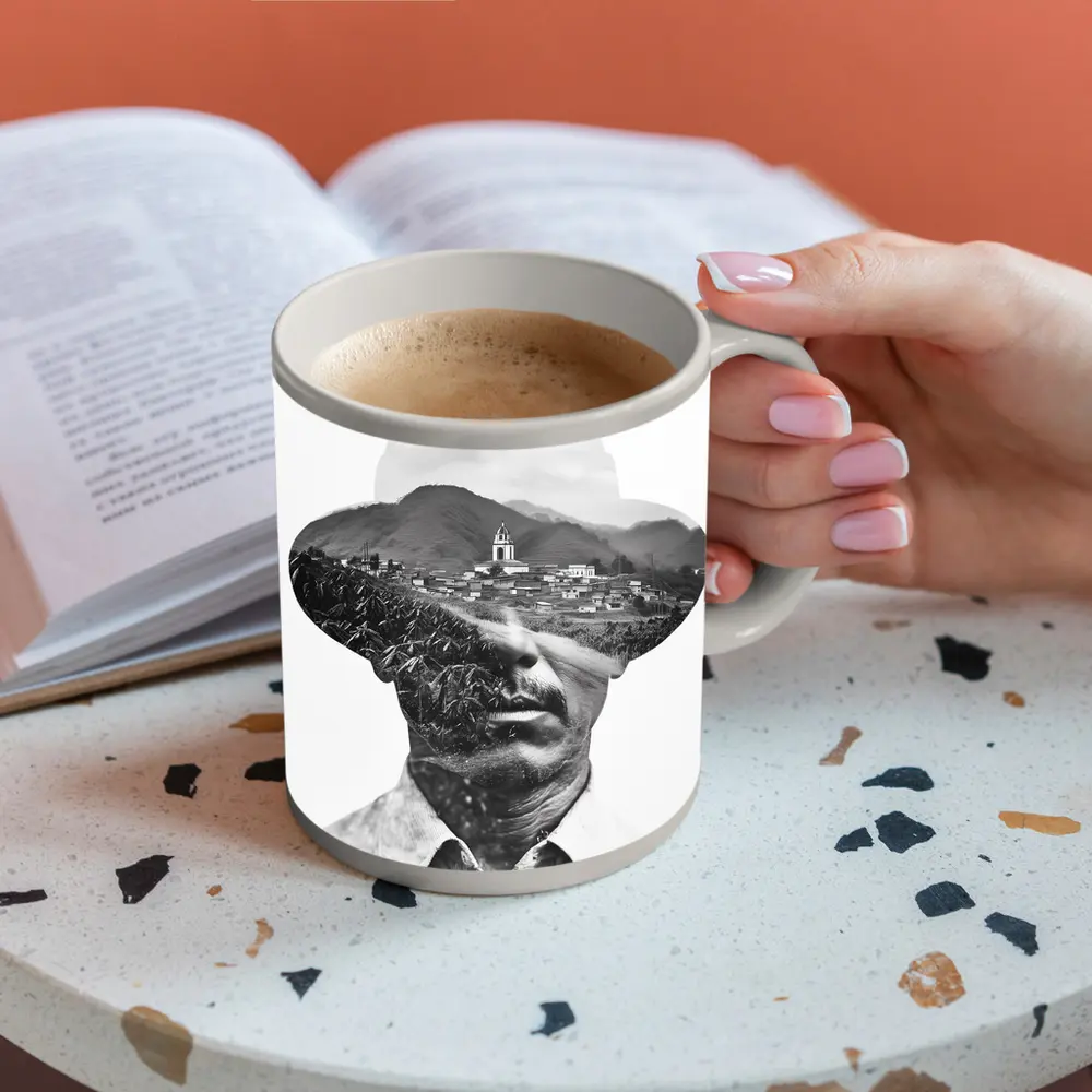 Double Exposure Man Portrait Mountain Village – Mugs