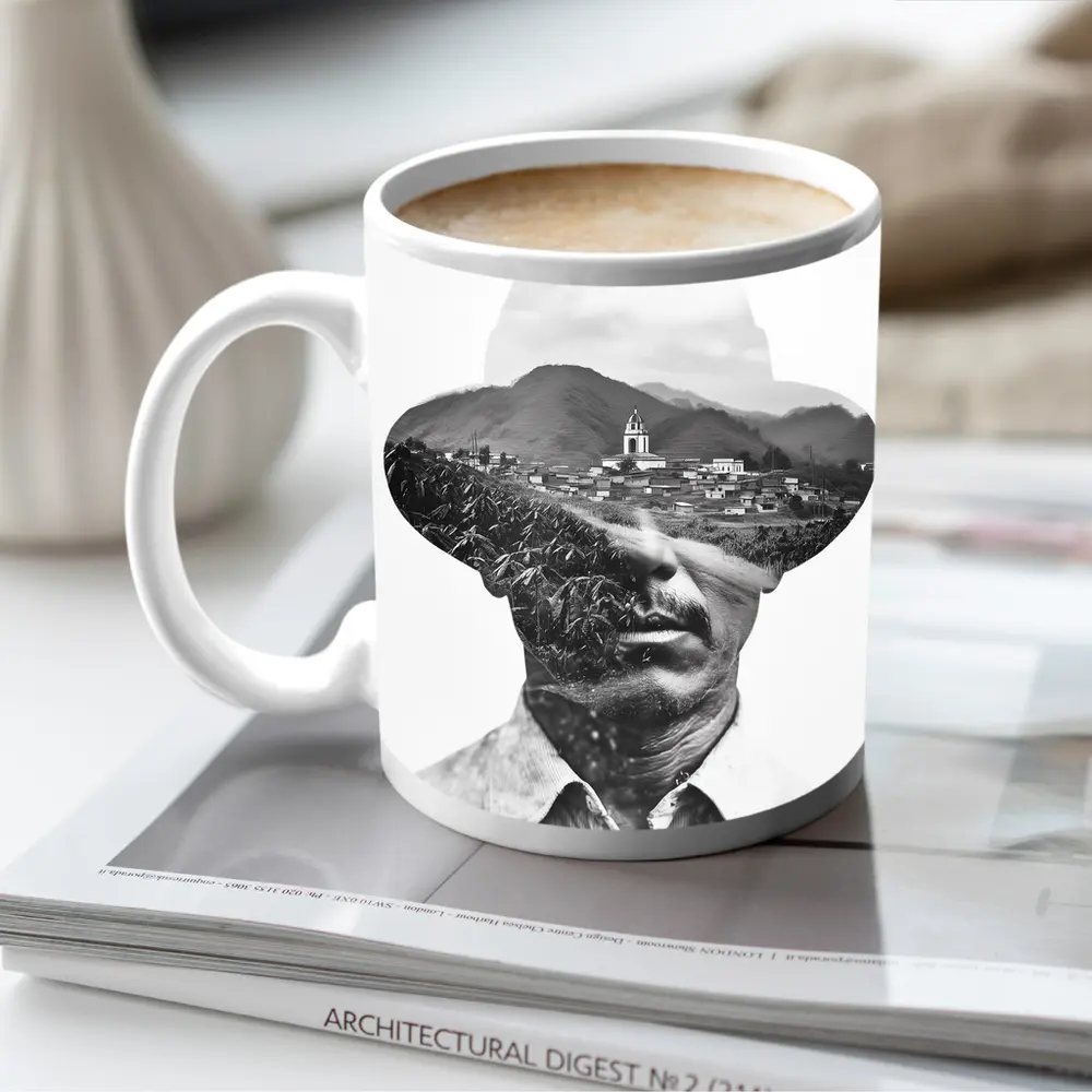 Double Exposure Man Portrait Mountain Village – Mugs