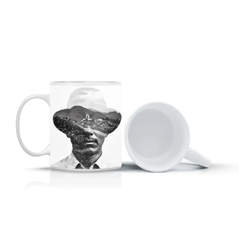 Double Exposure Man Portrait Mountain Village – Mugs