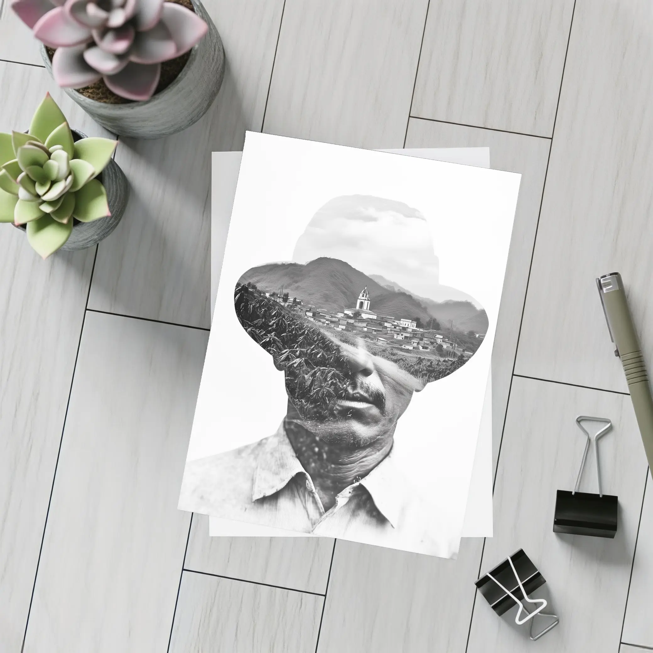 Double Exposure Man Portrait Mountain Village – Postcards