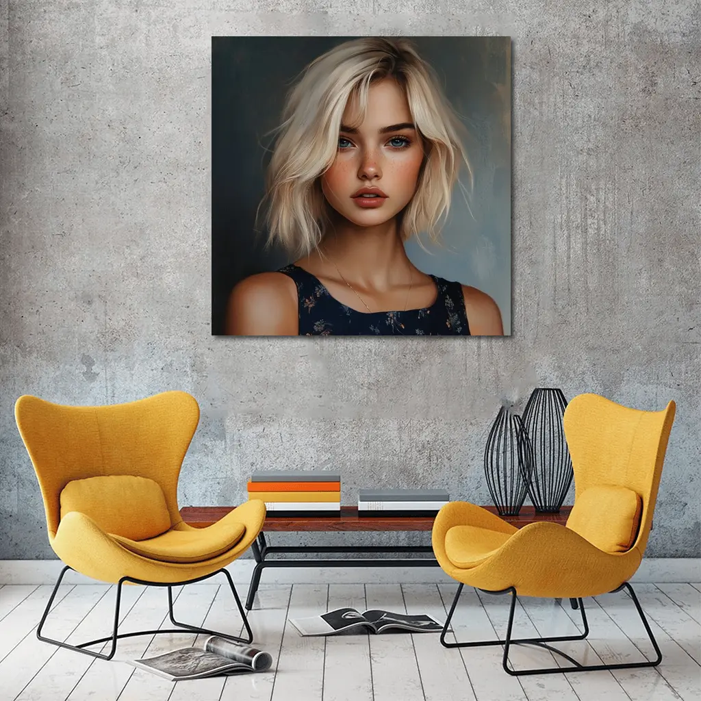 Blonde Girl Portrait Blue Floral Dress – Wall Art