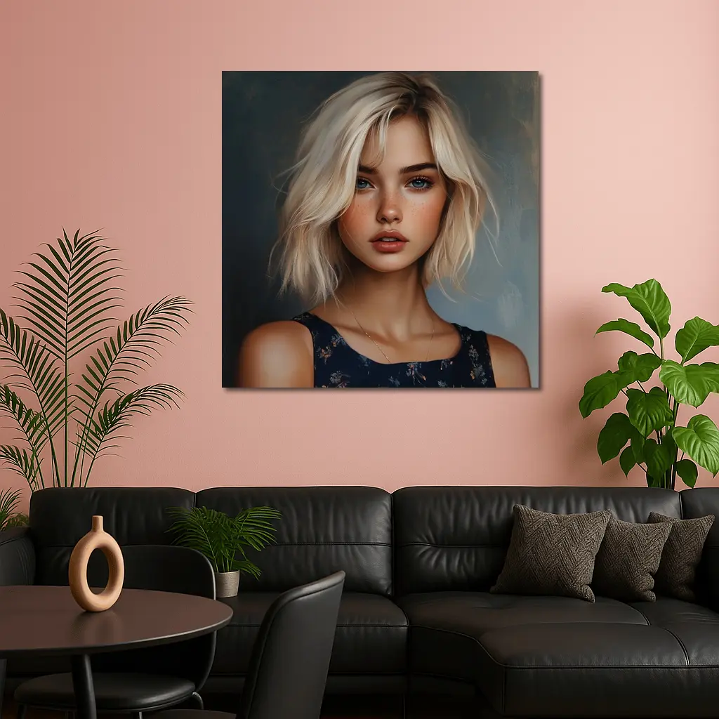 Blonde Girl Portrait Blue Floral Dress – Wall Art