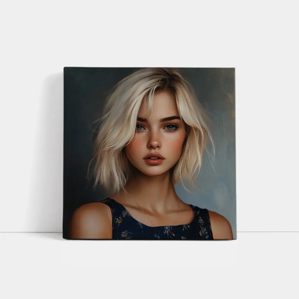 Blonde Girl Portrait Blue Floral Dress – Wall Art