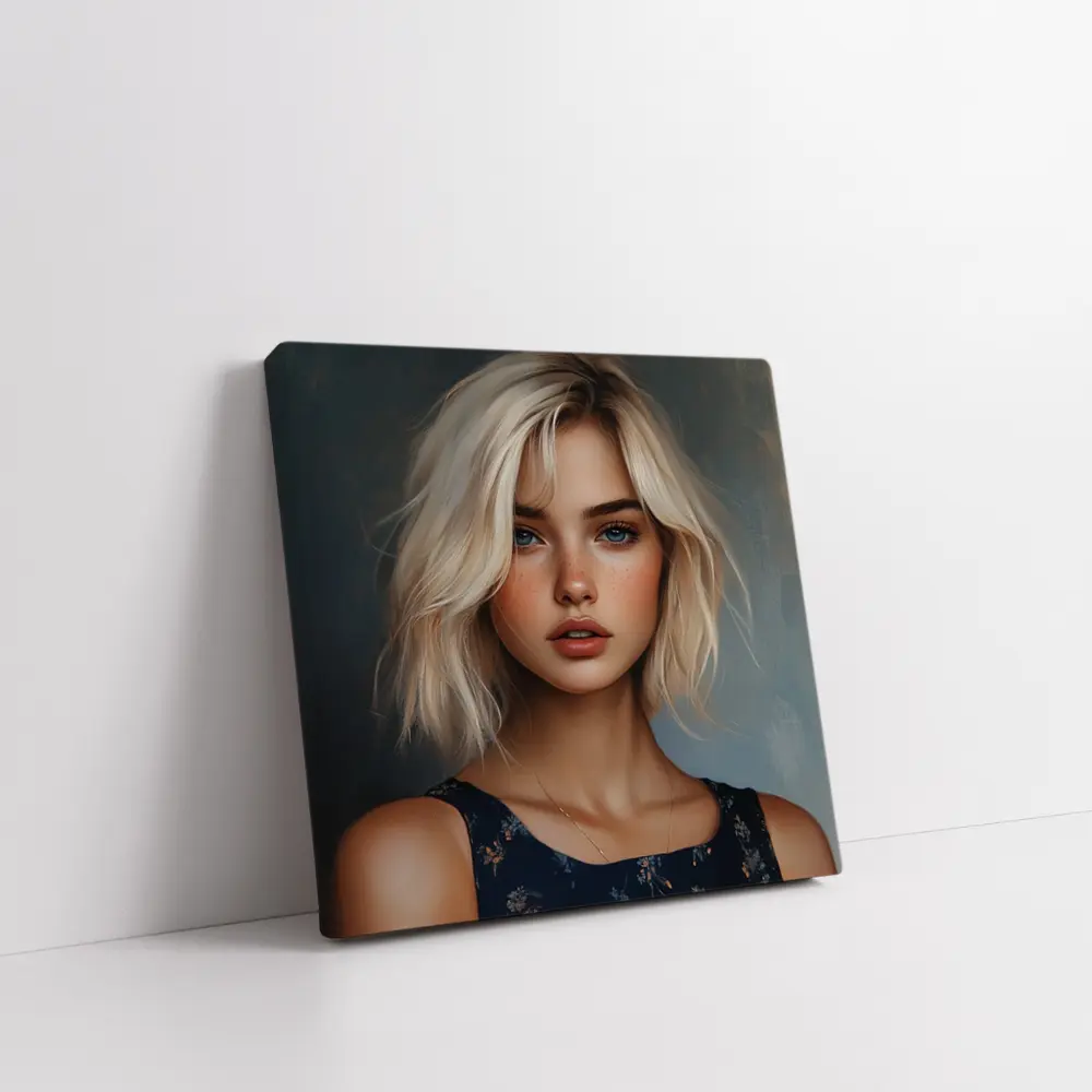 Blonde Girl Portrait Blue Floral Dress – Wall Art