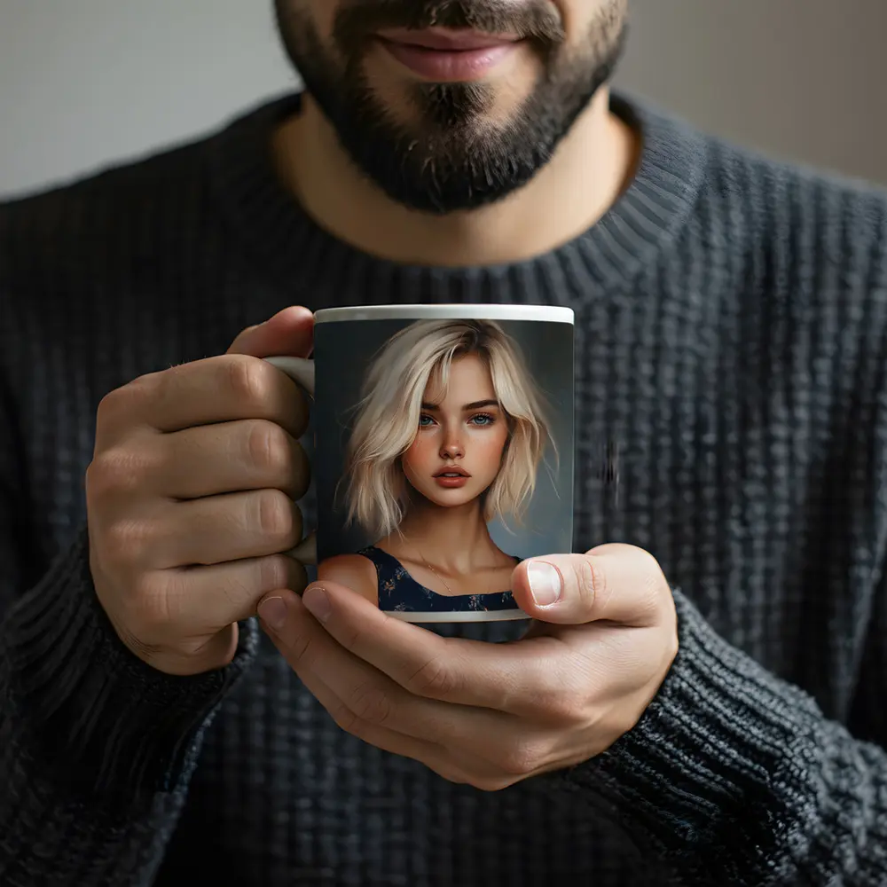 Blonde Girl Portrait Blue Floral Dress – Mugs