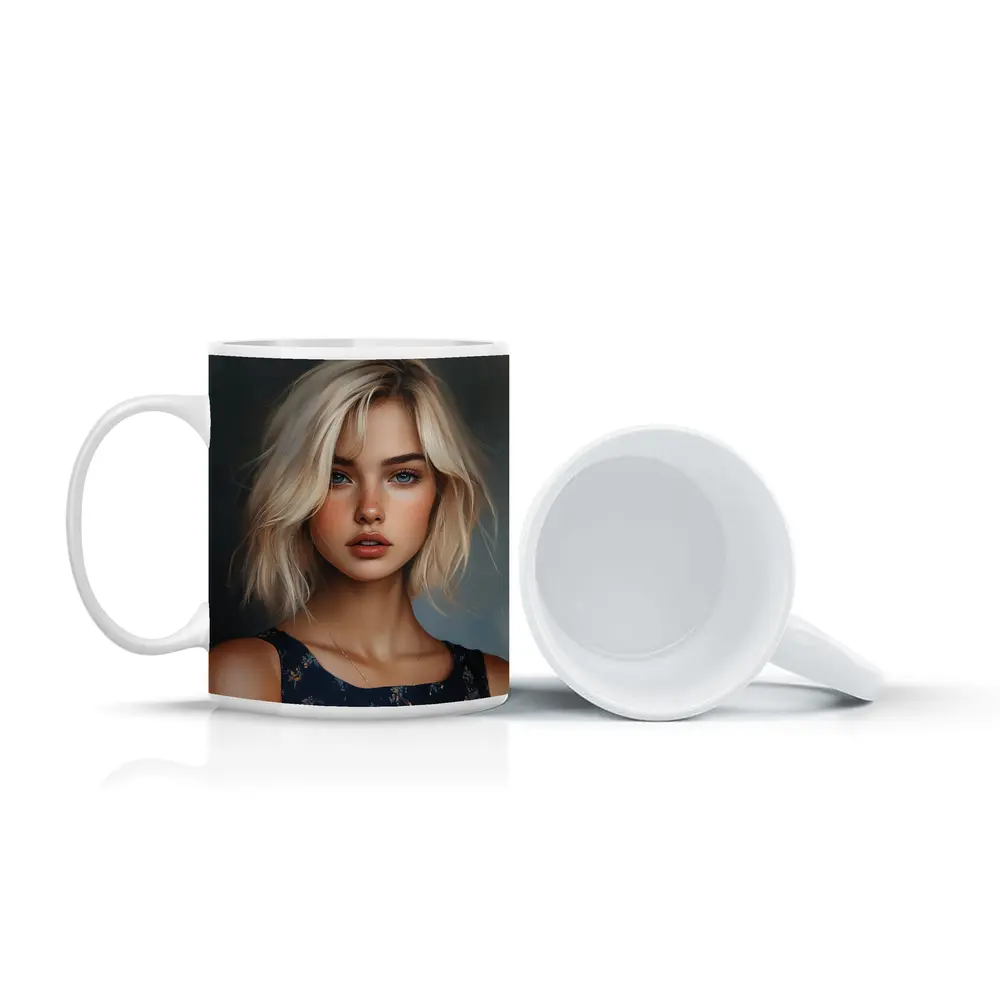 Blonde Girl Portrait Blue Floral Dress – Mugs
