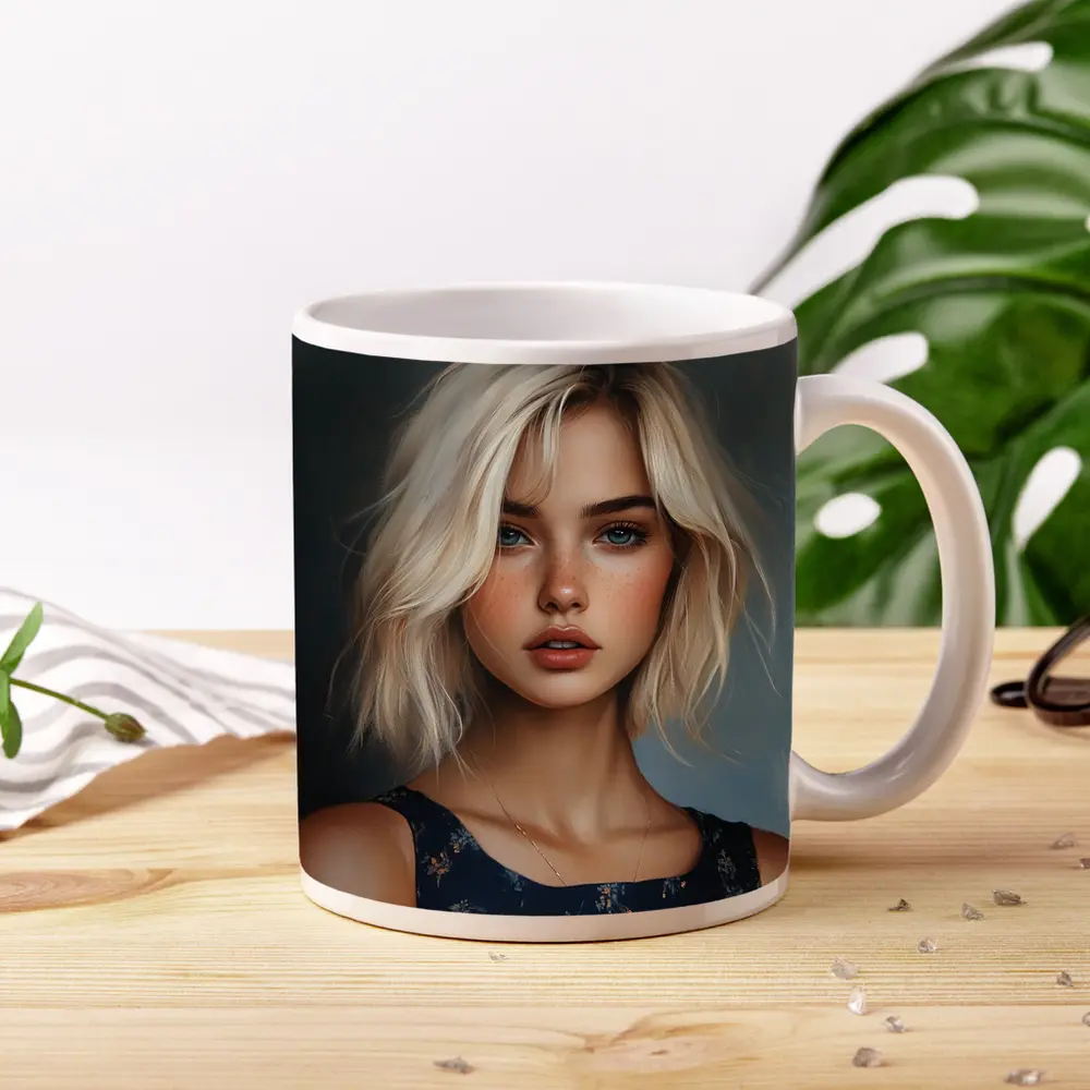 Blonde Girl Portrait Blue Floral Dress – Mugs