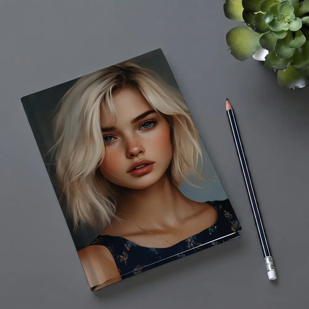 Blonde Girl Portrait Blue Floral Dress – Notebooks