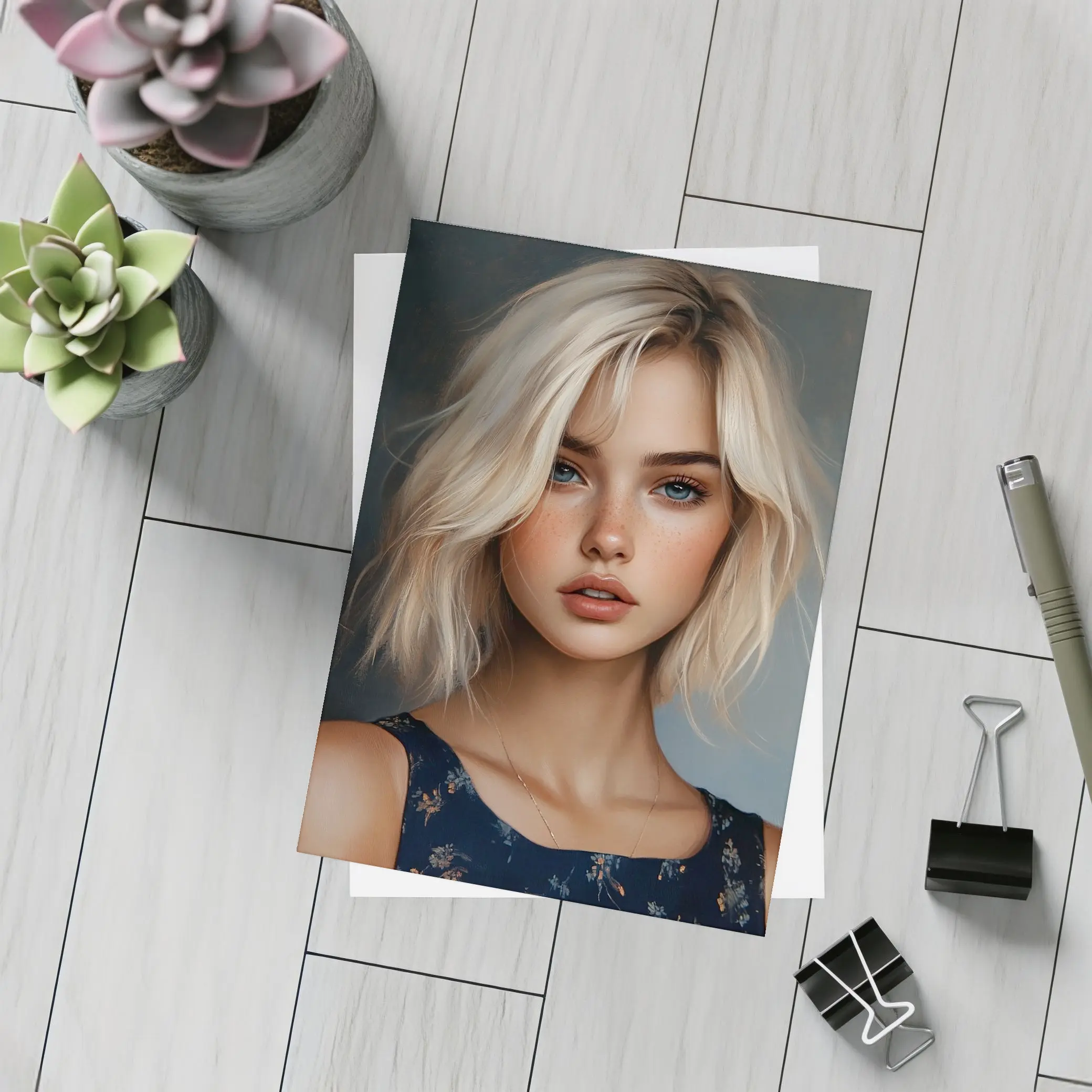 Blonde Girl Portrait Blue Floral Dress – Postcards